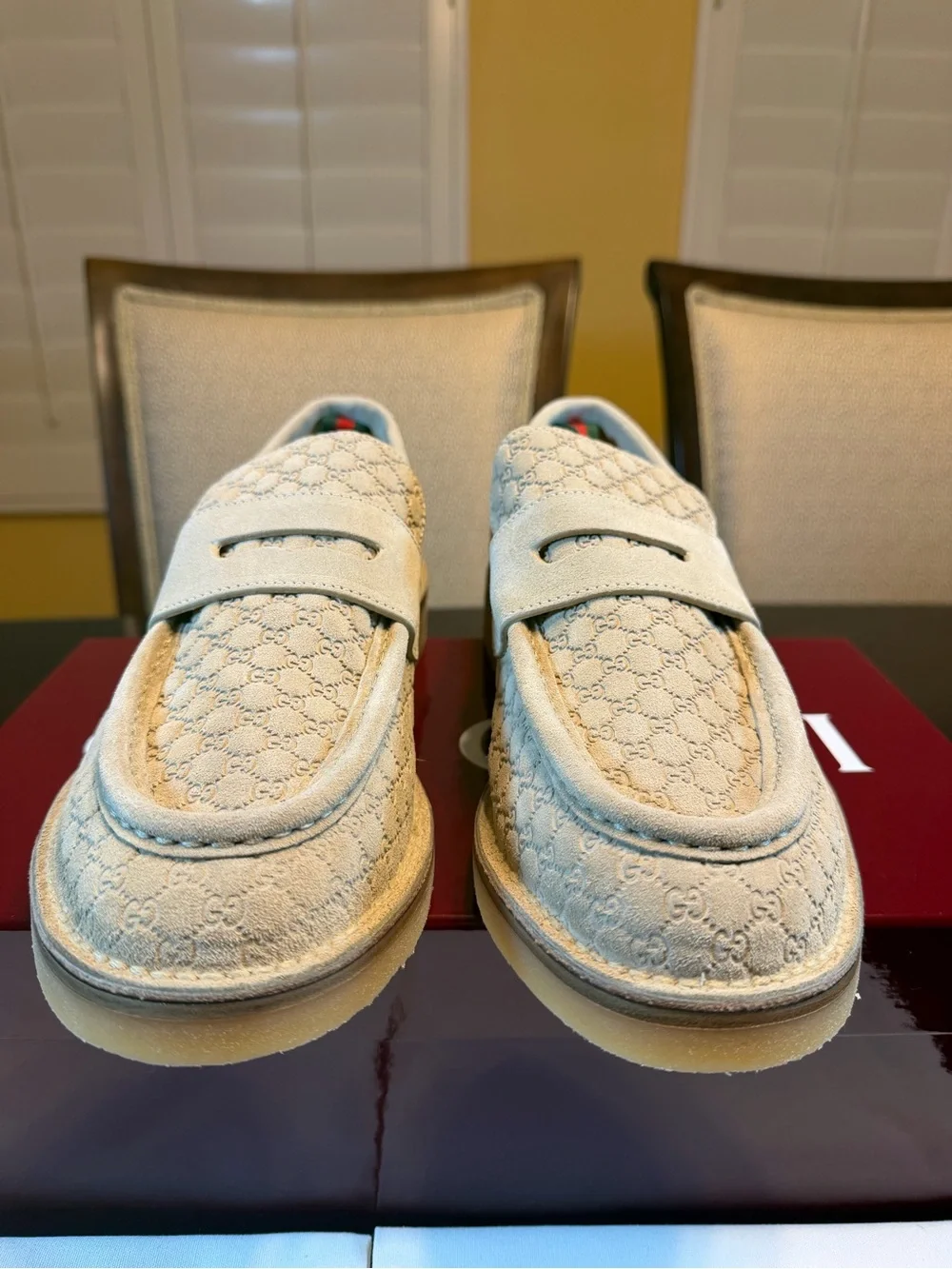 New Authentic Gucci GG Logo Suede Loafers Cream UK 11.5 / US 12